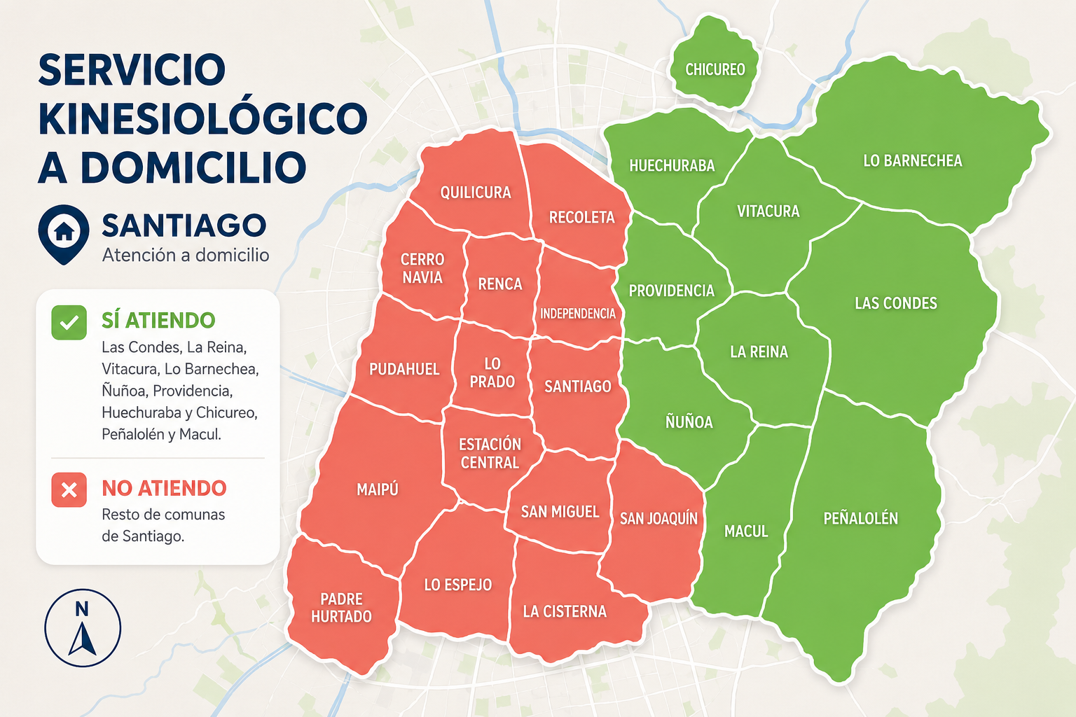 Mapa de cobertura de atención kinesiológica a domicilio en Santiago